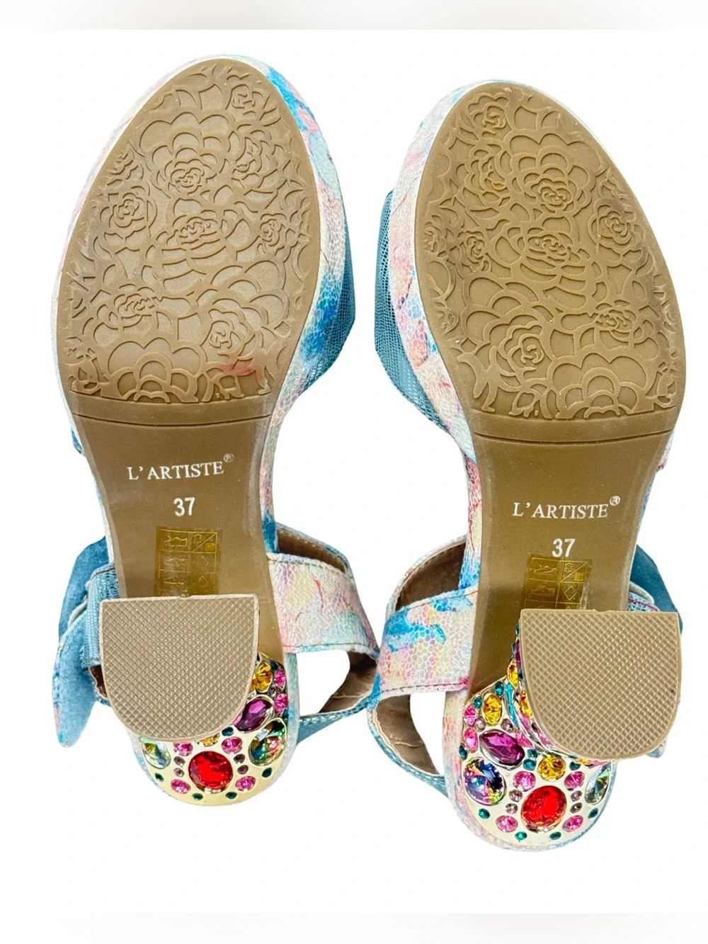 L'ARTISTE Smashing Blue Floral Sandal Multicolor Jeweled Block Heel